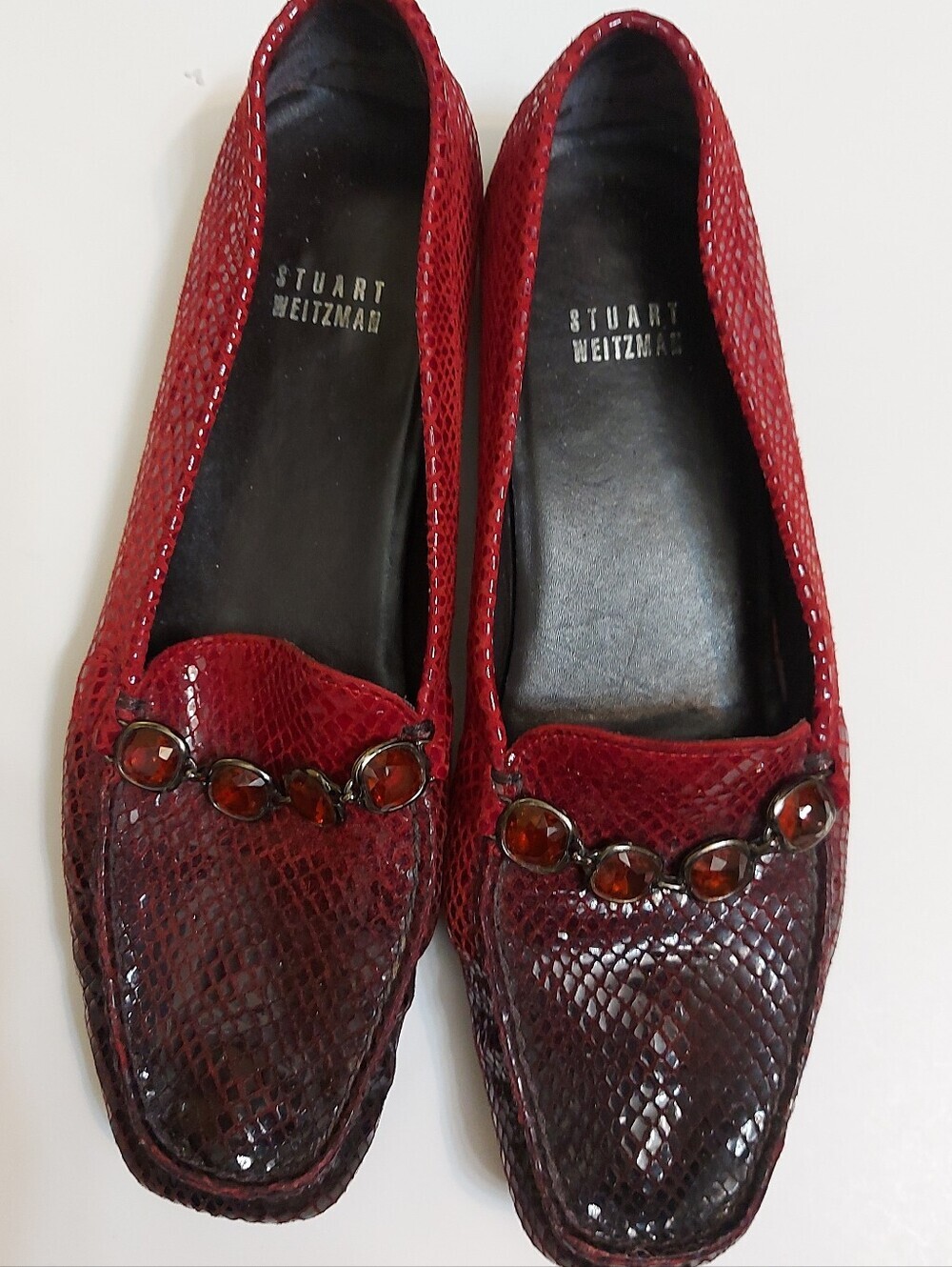 Stuart Weitzman Red Snake-Embossed Leather Loafers